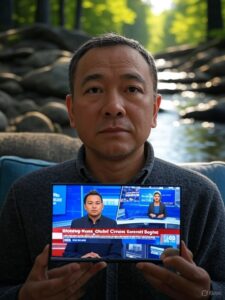 A man out in nature by a stream, He is holding a screen showing a news broadcast - Which is real? Which dominates your attention?