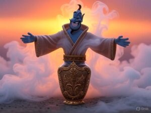 Genie in the setting sun, partly out of a bottle
