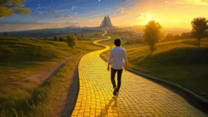 Person walking on the Yellow Brick Road towards the future.